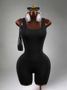 Mistrie Letter Print Strap Cross Back Sleeveless Slim-Fit Athletic Romper Sports - Black - View 5