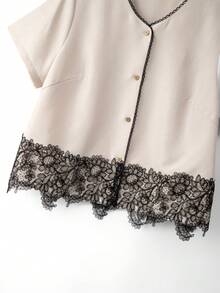 SHEIN Elenzya Plus Size Linen Blend Short Sleeve Contrast Black Floral Lace Hem Round Neck Button Front Cardigan Teachers' Day Office Summer Elegant - Apricot - View 7