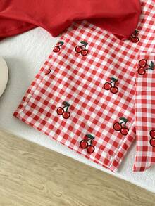 SHEIN Playful Pals 女嬰圓領櫻桃刺繡短袖T恤與格紋長褲休閒日常套裝 - 紅色 - 查看 8