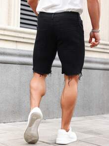 Manfinity Roughcore Pendek Denim Pria Ripped Plain - Hitam - View 2