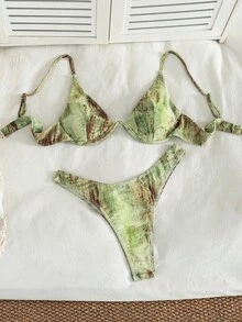 SHEIN Swim 度假海灘紮染印花比基尼套裝 - 綠色 - 查看 3