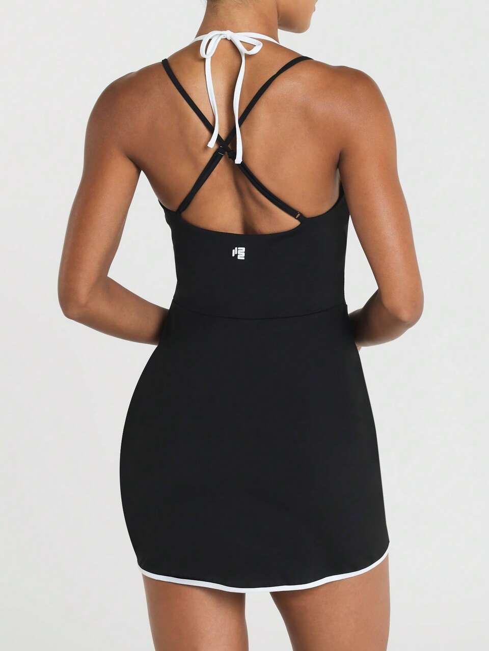 11SKNDS Halter Neck Mini Dress With Crossback Straps, Side Slits, Contrast White Trim, Tie Back, Fitted Silhouette, Summer Vacation Tennis Style