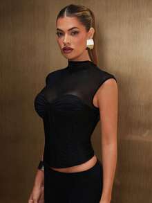 Hauture Women's Sexy Party Corset Bustier Mesh Fitted Bodice Top, Holiday Party, Concerts, Summer Parties, Cocktail Hours, Going Out, Date Nights - Black - View 3