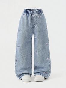Elladie kids Girls' Denim Jeans All-Season New Style Cute Design Light Blue Denim Color With Pink Bow Embroidery Pattern Loose Straight-Leg Fit Back-To-School - Light Wash - View 9