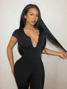 Slaydiva Black Short Sleeve Ruched Deep U Neck Knee‑Length Tight Jumpsuit Women Bodycon Casual Sexy Daily Clubwear Halloween New Year Night‑Out Outfit Summer - Black - View 3