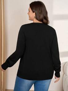 SHEIN LUNE Women's Plus Size Casual Versatile Solid Color Cardigan , Back To School Going Out Office Wear , Autumn Winter - Black - View 3