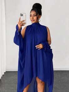 Maweii Vestido elegante de talla grande de unicolor con cuello alto, hombros descubiertos, corto por delante y largo por detrás para otoño - azul real - Ver 7