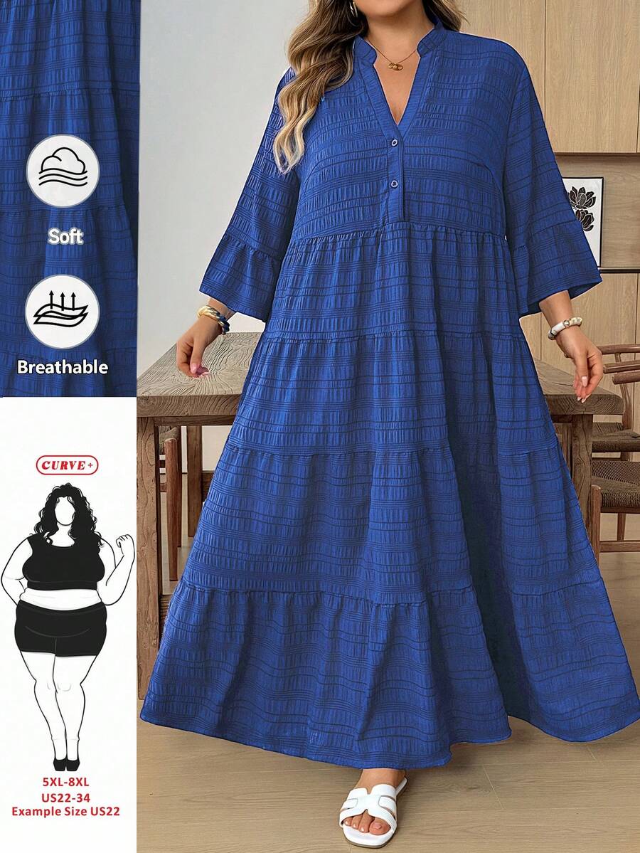 SHEIN CURVE+ Abito da donna taglie forti con stampa floreale, maniche a campana e orlo con volant, abito da spiaggia per vacanze, abiti estivi da donna, abito maxi verde e bianco, abito maxi floreale verde, abito maxi a balze, abiti autunnali da donna, abiti per la scuola, abiti country da donna, abiti da insegnante per donne, abiti country da donna, abiti autunnali da donna, outfit autunnali da donna, abiti da donna casual - Blu Navy - Visualizzare 1
