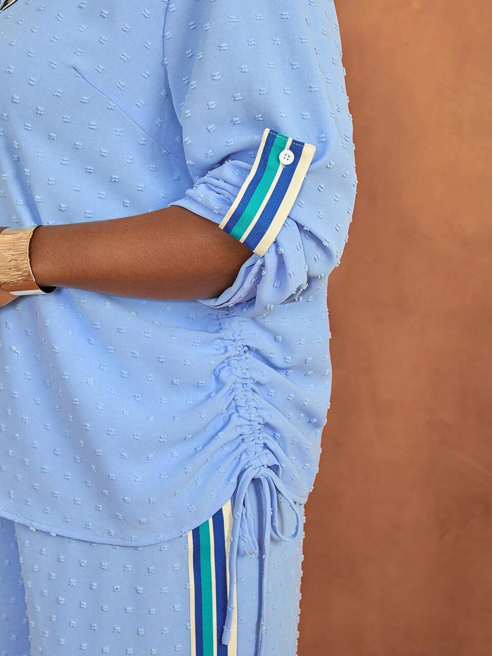 2 Pcs Set Plus Size Women's Autumn/Winter Casual Vacation Elegant Striped Patchwork Blue Long Sleeve Shirt And Wide Leg Pants 2 Pieces Set, Fall