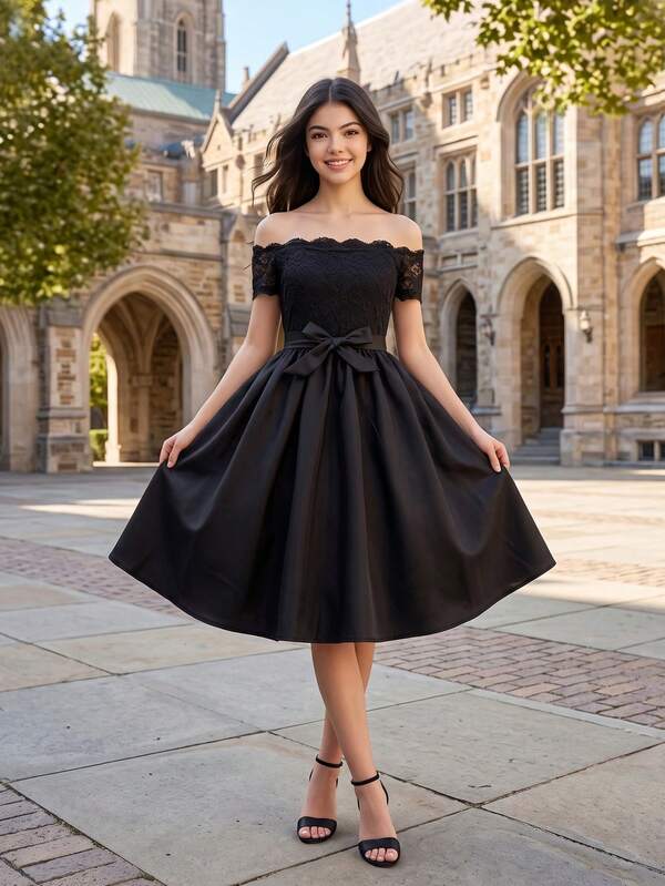 Vestido de moda con hombros descubiertos y encaje en contraste para adolescentes