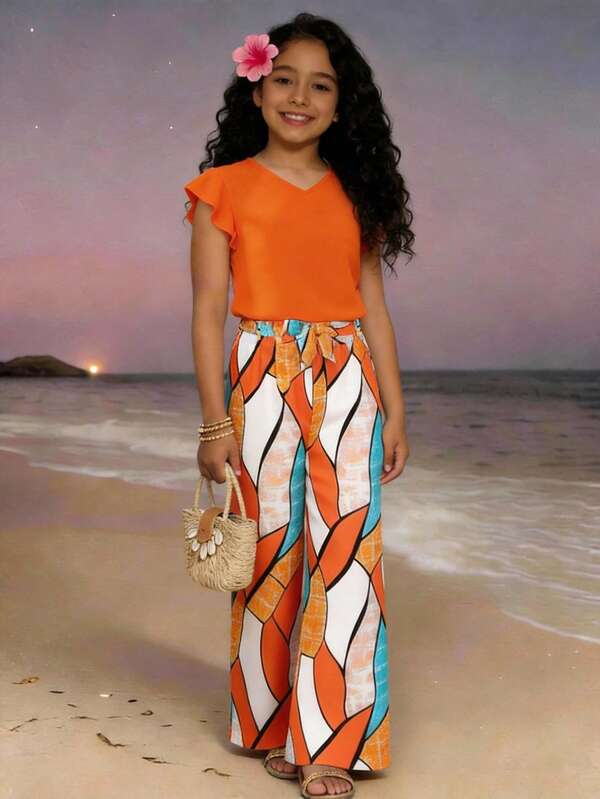 SHEIN Sparklyn Teen Girls 2pcs/Set Energetic Orange Summer Beach Vacation Holiday Set,V-Neck Cap Sleeve Top And Artistic Geometric Wide Leg Pants, Casual, Outfit