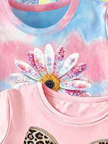(Patrón Aleatorio, 2 Sets Aleatorios) Conjunto de Camiseta Corta Básica y Pantalones Cortos con Estampado de Leopardo, Lazo Brillante, Patchwork de Corazón, Flor y Cereza para Niñas - Multicolor - Ver 5