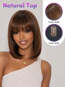 BreezeEase Mixed Brown Short Bob Bang Wigs With 2x1 Mini Lace Straight Bob Wig With Bangs Human Hair Wig With Realistic Lace Top 8-12 Inch P4/30 Color Virgin Remy Hair Wig 150% Density - S4/30 - View 3