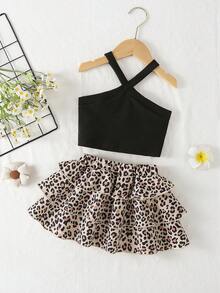 SHEIN 2026夏季新款女童黑色棕色蛋糕裙套裝，交叉肩帶設計甜美可愛家庭套裝酷感風格2件套兒童韓版 - 棕色 - 查看 4