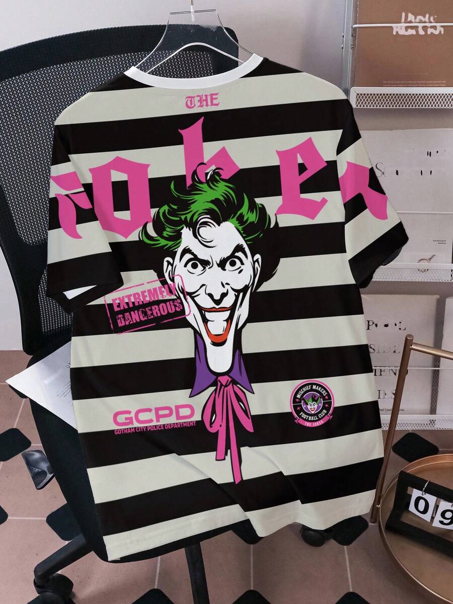 JOKER X SHEIN تي شيرت رجالي صيفي كاجوال مخطط بأكمام قصيرة - أبيض - مشاهدة 1