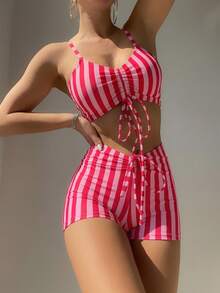SHEIN Swim 女款條紋度假風綁帶抓皺背心短褲泳裝套裝（隨機印花）2件組 - 紅色 - 查看 5