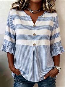 Linhara CURVE Plus-Size Woven Commuter Casual Fall Blouse - Blue - View 1