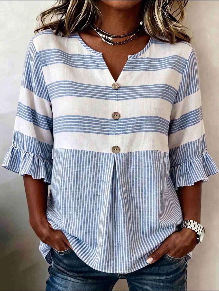 Linhara CURVE Plus-Size Woven Commuter Casual Fall Blouse - Blue - View 1