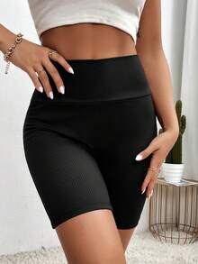 Chiquease Shorts biker de cintura ancha tejido de canalé - Negro - Ver 2