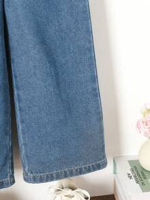 SHEIN Playful Pals 少女寬鬆輕便休閒度假牛仔褲 夏季假期秋季適用 - 中等水洗藍 - 查看 6