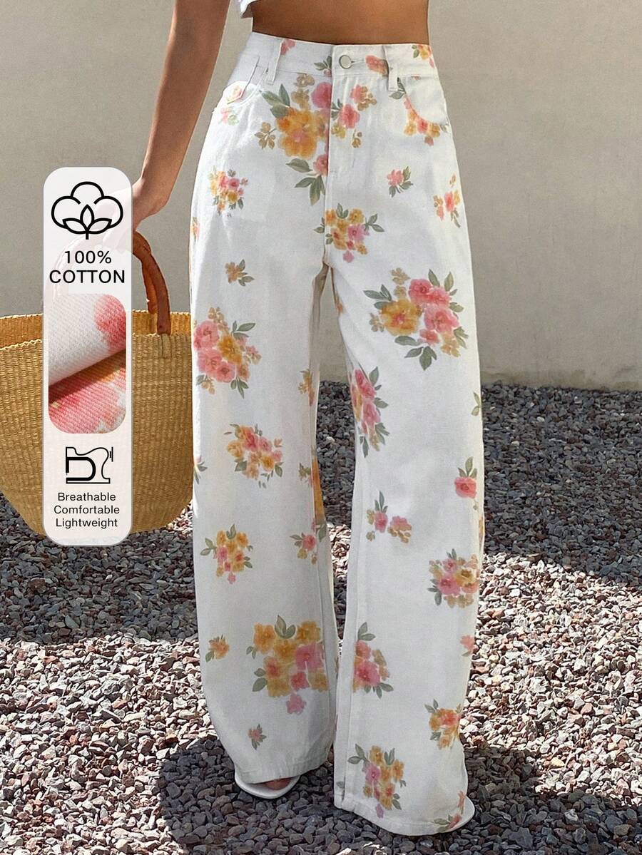 Livesso Summer Autumn White Floral Plant All-Over Print Loose Business Casual Vacation Straight Leg Jeans For Women - White - View 1