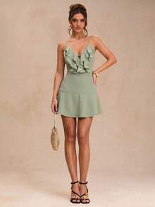 SHEIN BAE Spring Summer Sage Green Spaghetti Strap V-Neck Ruffle Waist Cinched Short A-Line Dress Fresh Sweet Beach Holiday Wedding Romantic Elegant - Green - View 3
