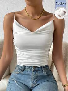 SHEIN BAE 女款白色針織純色可追溯棉質面料大領口背心 - 白色 - 查看 3