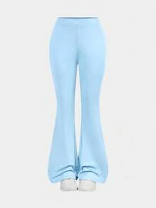 SHEIN Girlism Tween Girl NovaGlow 青少年女孩運動休閒日常針織素色開襟外套與喇叭褲套裝 - 藍色 - 查看 7