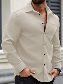 Manfinity Homme Men Spring Casual Solid Color Long Sleeve Shirt, Fall, Formal - Apricot - View 6
