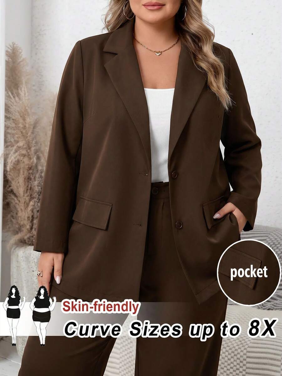 SHEIN CURVE+ Plus Size Casual Versatile Commute Solid Color Blazer - Brown - View 1