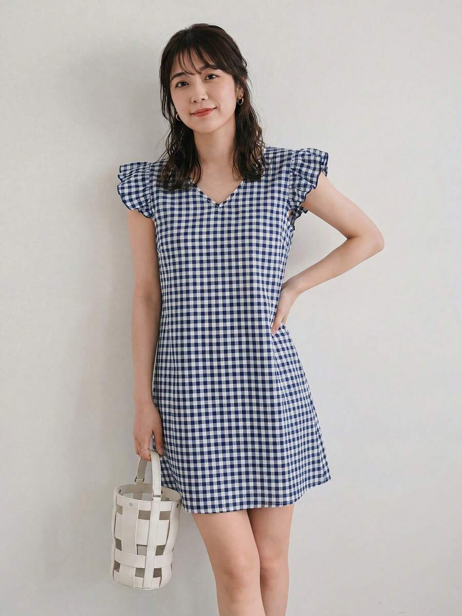 SHEIN LUNE Vestido túnico de puño con fruncido de guingán - Azul y blanco - Ver 1