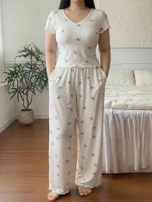 Dazy Plus Bowknot Print All-Over Floral Elegant Slim Fit Top & Pants 2pcs Set Homewear Pajama Set Spring Summer Autumn - Apricot - View 4