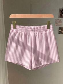SHEIN EZwear 3件組棕色波點、白色、粉色與白色條紋女款休閒中腰寬鬆短褲，適合夏季 - 彩色 - 查看 2