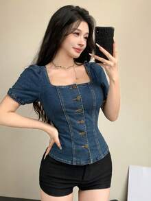 Joudiya 夏季修身優雅派對音樂節短袖女款牛仔上衣 - 深色水洗藍 - 查看 2