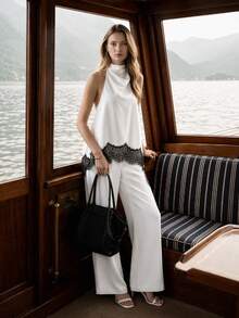 Briarwyn Summer Women's Satin Lace Patchwork Asymmetric Hem Sleeveless Top And Long Pants Elegant Suit Cocktail Evening Party Black White,Elegant Set - White - View 2