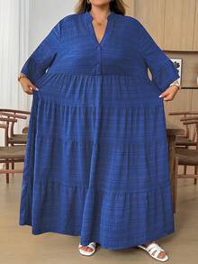 SHEIN CURVE+ Abito da donna taglie forti con stampa floreale, maniche a campana e orlo con volant, abito da spiaggia per vacanze, abiti estivi da donna, abito maxi verde e bianco, abito maxi floreale verde, abito maxi a balze, abiti autunnali da donna, abiti per la scuola, abiti country da donna, abiti da insegnante per donne, abiti country da donna, abiti autunnali da donna, outfit autunnali da donna, abiti da donna casual - Blu Navy - Visualizzare 3