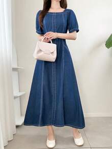FRIFUL Women's Casual Daily Denim Dress With Back Knot Design - Blue - View 9