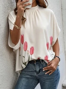 Louniche Women's Standard Size Spring/Summer Lace-Up Stand Collar Batwing Sleeve Leaf Multi-Color Print Loose Casual Vacation Blouse - Multicolor - View 6