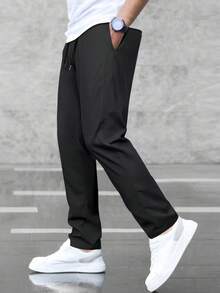 Manfinity Homme Men Solid Drawstring Waist Pants, For Fall - Black - View 5