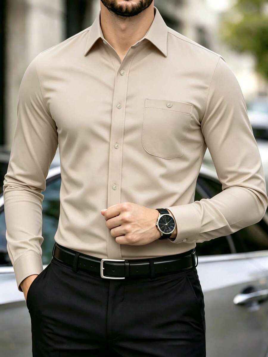 Manfinity Mode 男士正裝襯衫 素色長袖彈性防皺 正式商務休閒鈕扣領襯衫 - 卡其色 - 查看 1