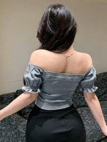 DAZY 夏季性感音樂節露肩抹胸式收腰優雅女款牛仔上衣，適合婚禮、夜生活與派對，Y2K灰色落肩上衣 - 淺色水洗藍 - 查看 4