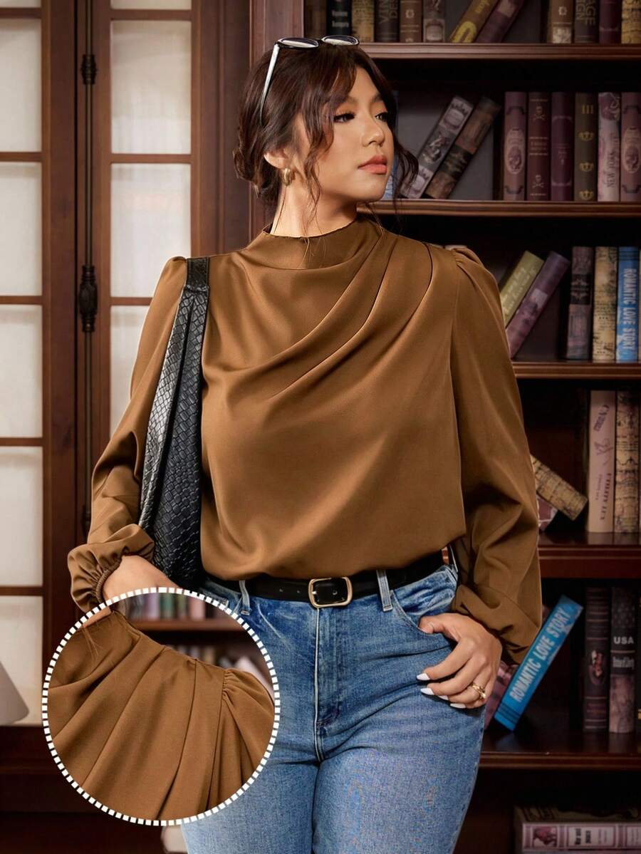 Vionelle Plus Size Women's Autumn/Winter New Ruched Elegant Commute Long Sleeve Loose Blouse Fall - Coffee Brown - View 1