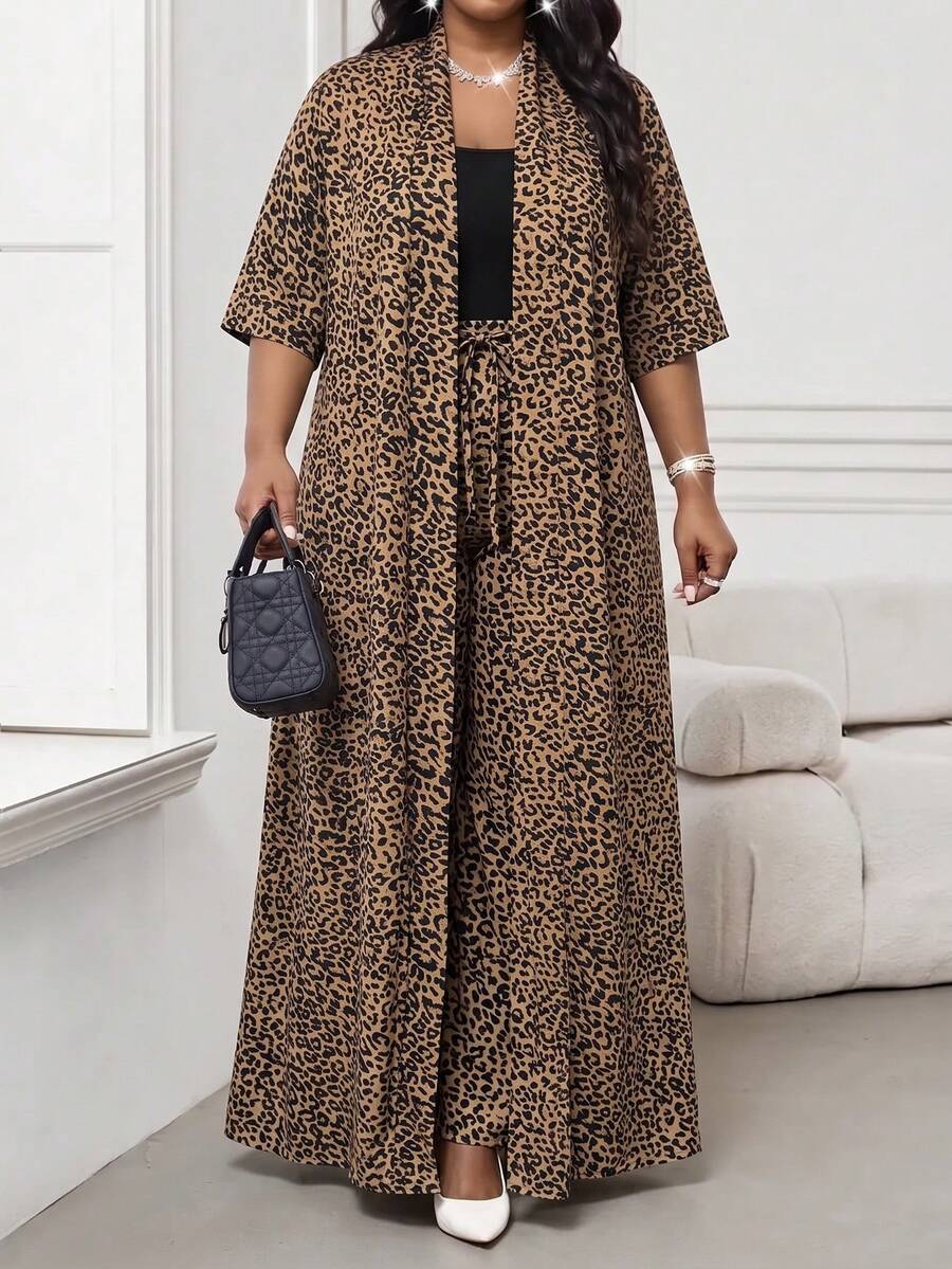 SHEIN Lady 大尺碼時尚通勤豹紋夾克與長褲兩件套 - 彩色 - 查看 1
