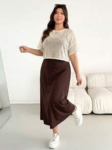 Shapeblank Plus Size Women's Solid Color Dress And Short Sleeve Top Casual Gothic Modest Daily 2-Piece Set Office Work Beige Chocolate Brown Summer - Coffee Brown - View 8