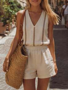 SHEIN Holidaya Women's Light Beige Summer Casual Vacation Holiday Linen Two Piece Set,V-Neck Sleeveless Hollow Out Lace Trim Tank Top&Elastic Waist Loose Shorts Set - Apricot - View 1