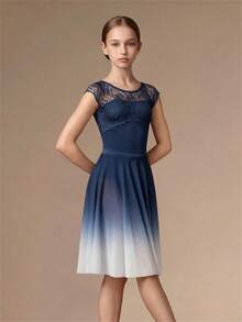SHEIN 少女芭蕾舞連身衣與裙子套裝，藍白漸層，蕾絲短袖，飄逸雪紡針織，夏季公主舞裙 - 藍色 - 查看 6