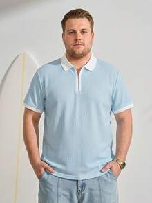 VeloEdit Plus Size Men's Solid Color Short Sleeve Polo Shirt, Fashionable For Summer Fall Winter - Baby Blue - View 1
