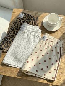 SHEIN EZwear 3件組女款舒適休閒短褲，梭織面料，適合日常穿著，波點豹紋條紋短褲套裝，波點短褲、豹紋短褲，休閒簡約百搭，適合派對聚會機場 Y2K 上衣，夏季出遊 - 彩色 - 查看 4