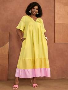 BrightlyHer Plus Size Women's Summer/Autumn Casual Vacation Ruffle Yellow Patchwork Colorblock Dress,Going Out Outfits, Beach,Flowy Dress, Fall Clothes,Boho - Multicolor - View 2