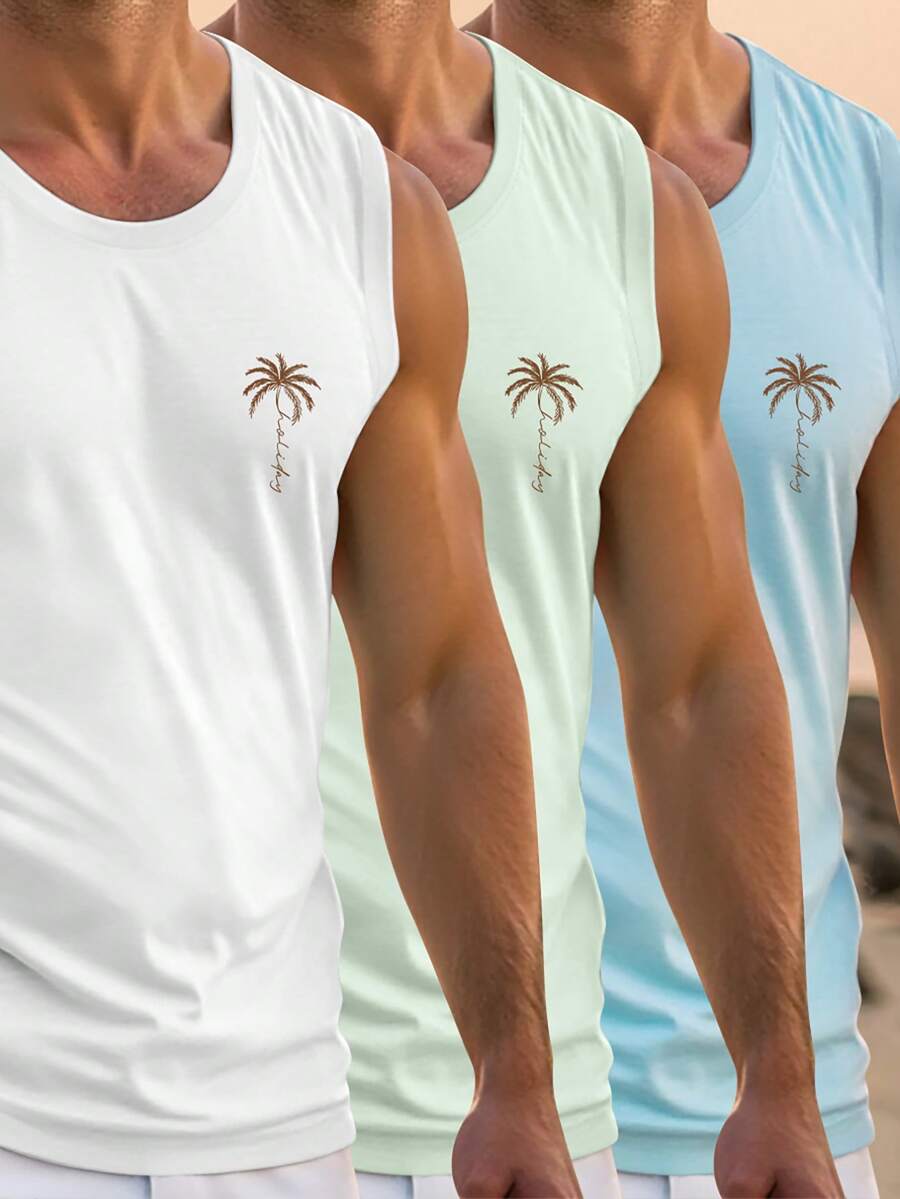 Manfinity RSRT Camiseta sin mangas de cuello redondo con estampado de palmeras y hombros anchos para hombre - Multicolor - Ver 1